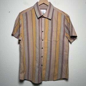 Katin Men Cedar Cotton Linen Shirt Medium Brown Striped Short Sleeve Button Up